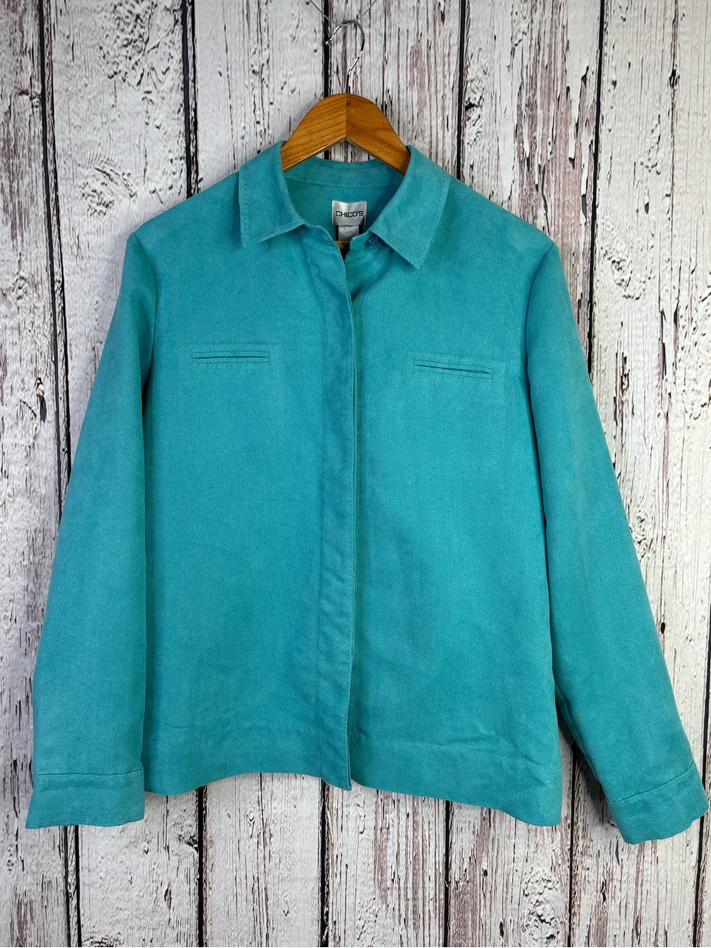 Chico’s 2 | Large Suede-Like Button Front Shirt Jacket Shacket Teal Blue in EUC!